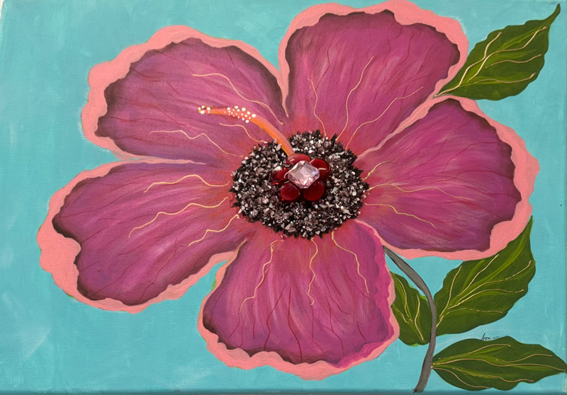 Create this Hibiscus flower on canvas with crushed glass accents at Seaside Expressions in Punta Gorda, FL