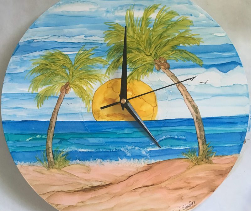 Create this clock using an old record and mixed media at Seaside Expressions, Punta Gorda FL