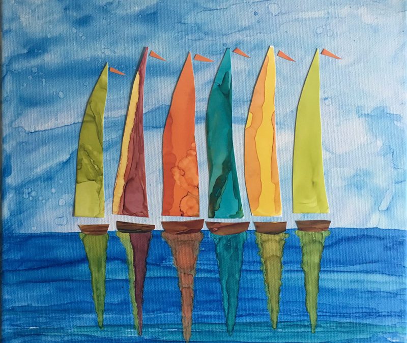 Create this alcohol ink on canvas artwork of sailboats at Seaside Expressions, Punta Gorda FL