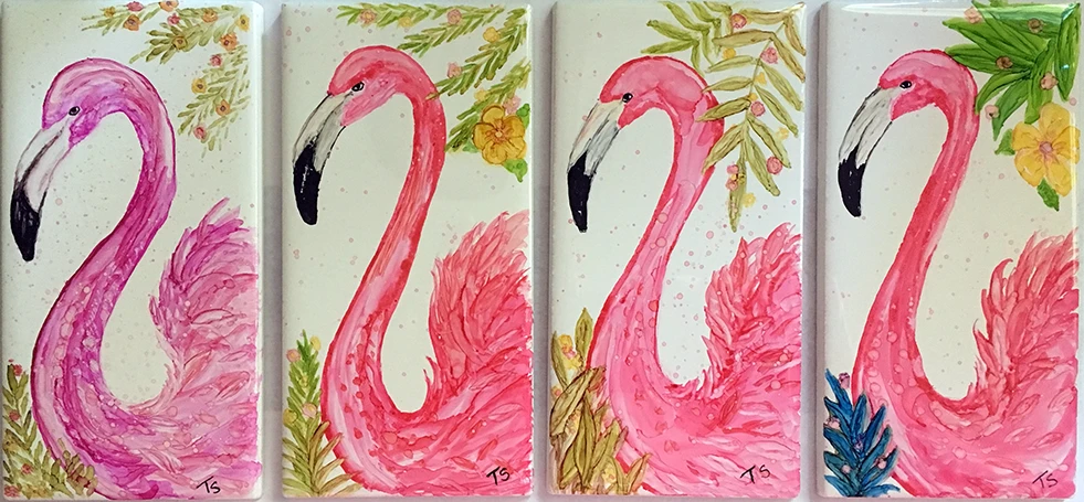 Flamingo art on tiles, made at Flamingos Art Class at Seaside Studio in Punta Gorda, FL