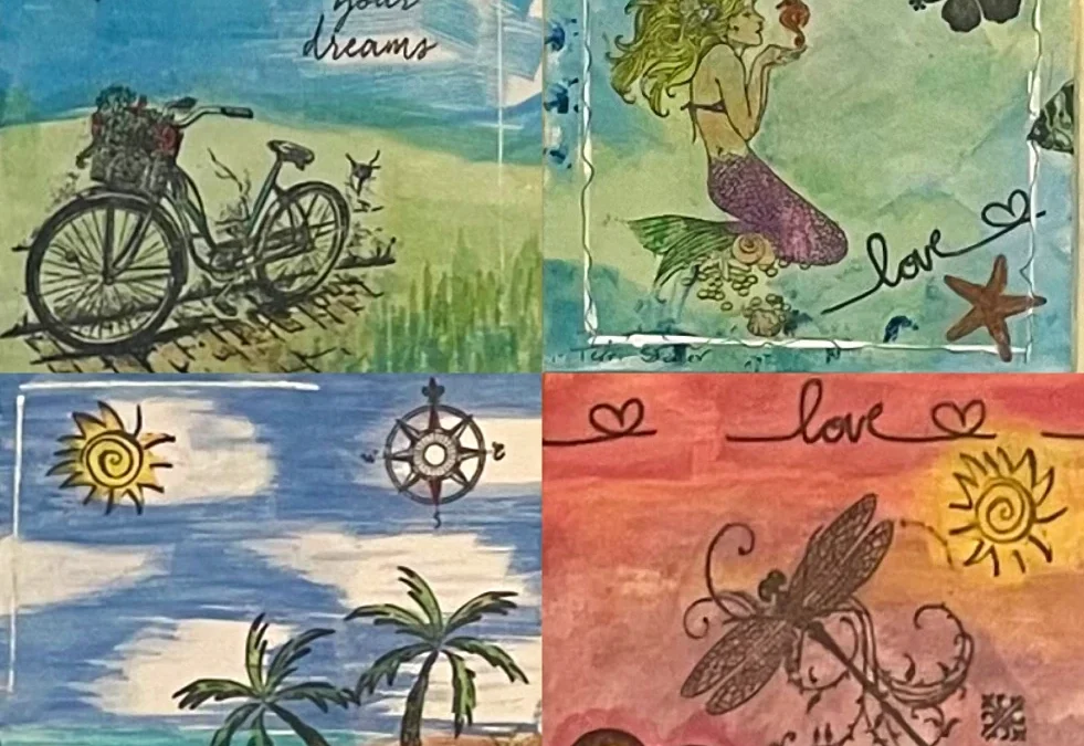 Mixed media art on 4 6"x6" canvases. Classes by Seaside Studio in Punta Gorda, FL