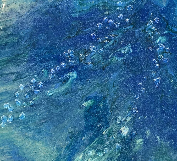 Fluid resin pour with crushed glass ocean blue art made at Seaside Studio in Punta Gorda FL