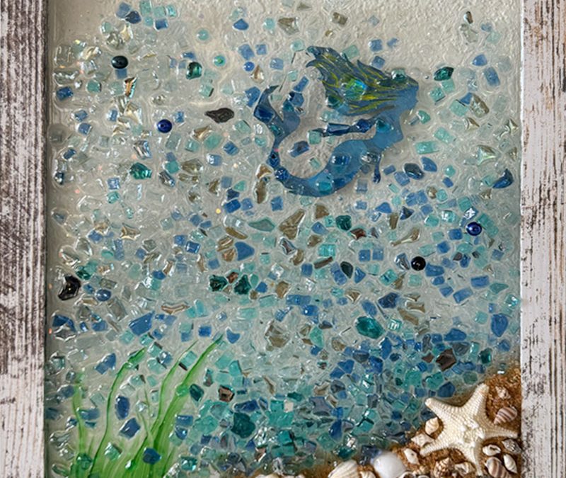 Mermaid by the shore crushed glass art class at Seaside Expressions in Punta Gorda, FL